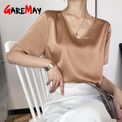 Womens Blouses Summer 2021 New Short Sleeve V Neck Elegant Silk Satin Shirts Korean Fashion Top Vintage White T-shirt Plus Size