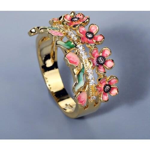 Bohemia Style Yellow Gold Color Zircon Enamel Rings for Women Exquisite 925 Silver Flower Floral Crystal Ring Wedding Jewelry