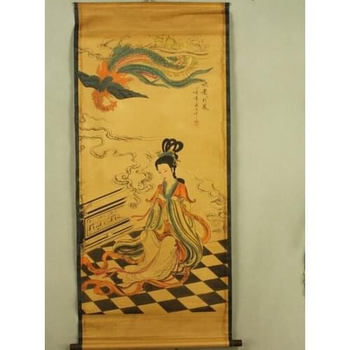 Antique painting traditional Chinese Beautiful women Chui Xiao attracted Phoenix painting scroll painting,old paper painting