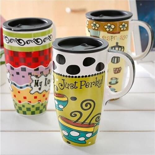 Creative trend illustration hand-painted style large-capacity ceramic coffee mug with lid kitchen household couple milk tea cup
