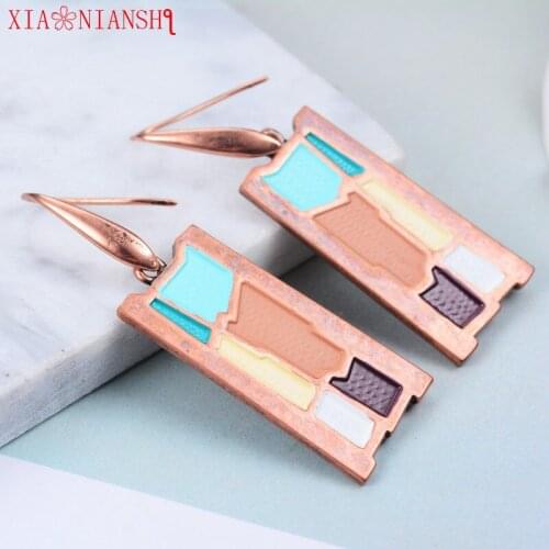 Top Selling Bijoux Bronze Color Turkish Jewelry Enamel Colorful Earrings For Women Vintage Square Princess Hooks Long Earring