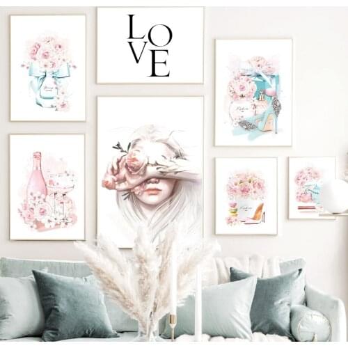 Fashion Girl Flower Paris Perfume High Heels Lipstick Nordic Poster Wall Art Print Canvas Painting Decor Picture For Living Room