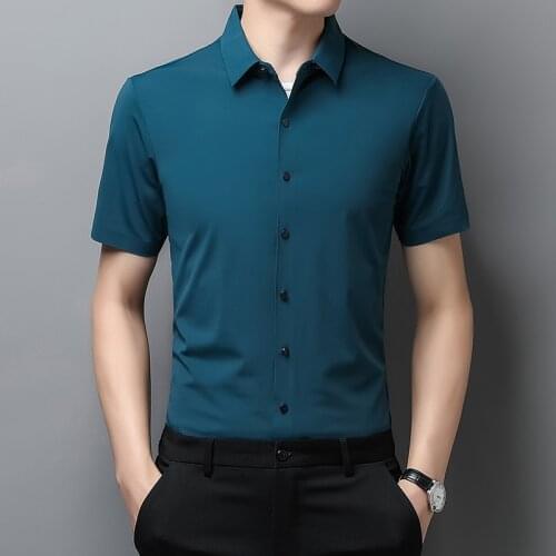 Mens Smooth Silk Shirts Summer Seamless Clothes Offical Man Pure Color Streetwear Short Sleeve Male Soft Dress Shirts