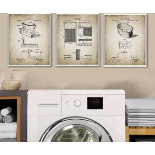 Laundry Room Wall Decoration Vintage Laundry Patent Posters and Prints Laundry Basket Retro Wall Art Pictures Canvas Paintings