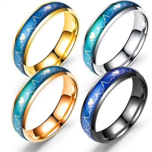 Stainless Steel Heartbeat Rose Gold Black Wedding Rings Mood ECG Ring Jewelry Gift For Him Size 6-12