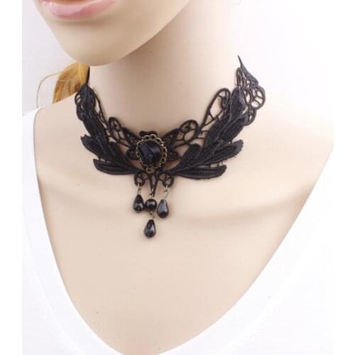 2019 fashion Gothic Victorian Crystal Tassel Tattoo Choker Necklace Black Lace Choker Collar Vintage Women Wedding Jewelry