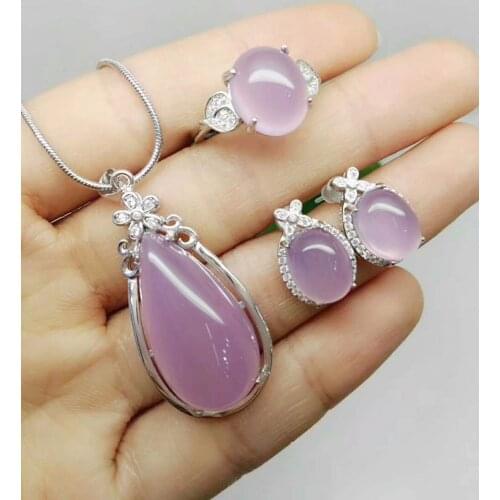 Natural chalcedony S925 Silver Inlay Necklace Earring transparent exquisite style atmosphere gift