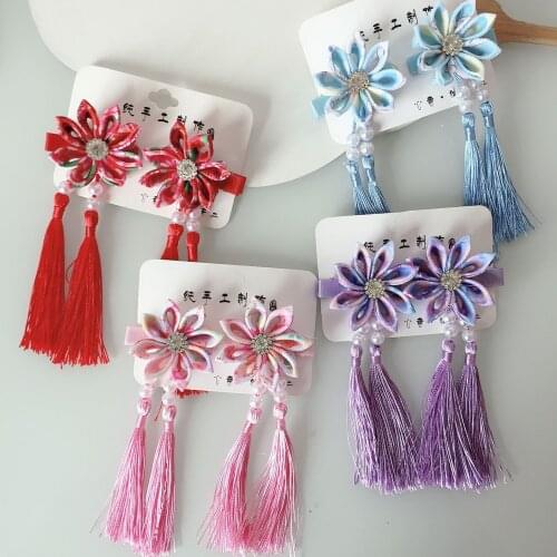 A pair of new retro style flower tassel hairpins Hanfu accessories Japanese head flower children girls classical pair clips