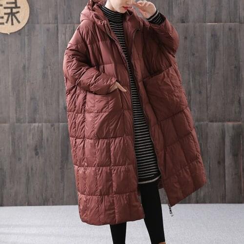 Womens Down Jacket Hooded Autumn Winter Long White Duck Down Coat Puffer Jacket Korean Ultra Light Down Jackets With Belt