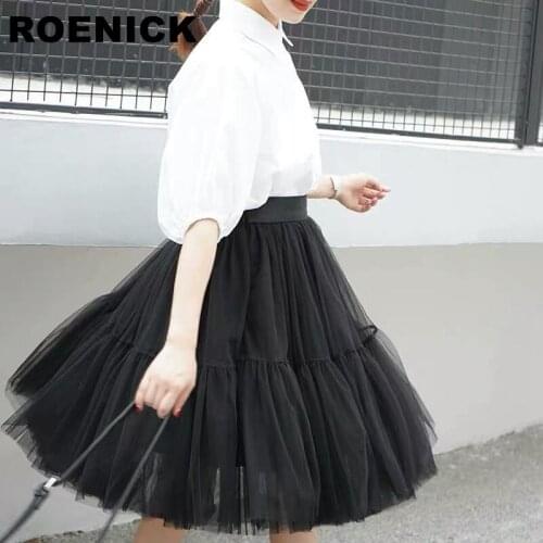 ROENICK 3Layers 60cm Fashion Summer Womens Skirts Solid High Waist Knee-Length Skirt Women Tulle Skirt Lolita Petticoat Pleated