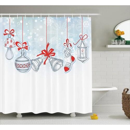 Christmas Shower Curtain Retro Decorations Vintage Xmas Stockings for Toys and Candy Cane Bells and Snowflake Bathroom Curtains