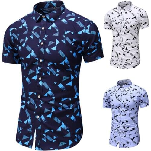 2019 New Arrival Shirts Men Cotton Trendy Turn-down Collar Geometrical Printed Short Sleeve Slim Fit Casual Chemise Homme Man