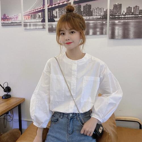 Autumn Lantern Sleeve Loose round Neck White Long Sleeve Shirt Top Womens Clothing Blouse Women Blusas Ropa De Mujer