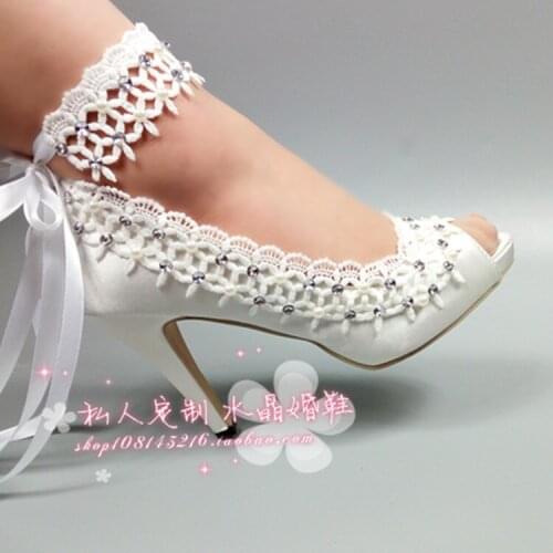 Bride lace flower wedding shoes pearl water drill side bridesmaid crystal wedding