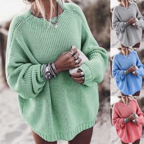 Women Autumn Batwing Long Sleeve Sweater O-Neck Oversized Loose Pullover Tunic Tops Solid Color Casual Knitted Jumper