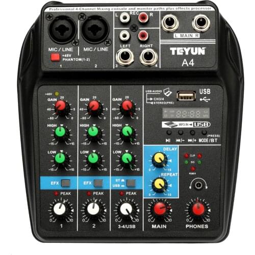 TU04 BT Sound Mixing Console Record 48V Phantom Power Monitor AUX Paths Plus Effects 4 Channels Audio Mixer with USB mixing