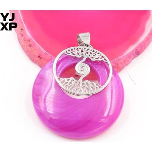 YJXP Silver Plated Safety Buckle Round Hollow Stripe Rose Red Agates Pendant Tree of Life Fashion Jewelry