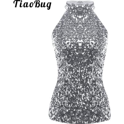 Women Sequins Halter Vest Summer Dance Sleeveless Short Vest Tank Tops