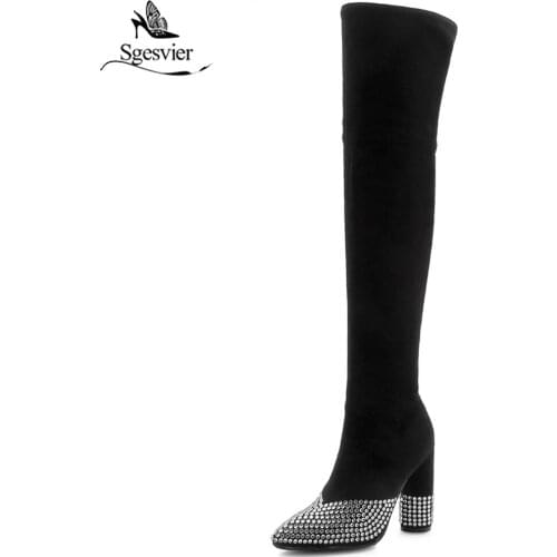 Sgesvier Women Over The Knee High Boots Zipper Square High Heel Pointed Toe Flock Woman Long Boots Big Boots Size 33-46 OX878