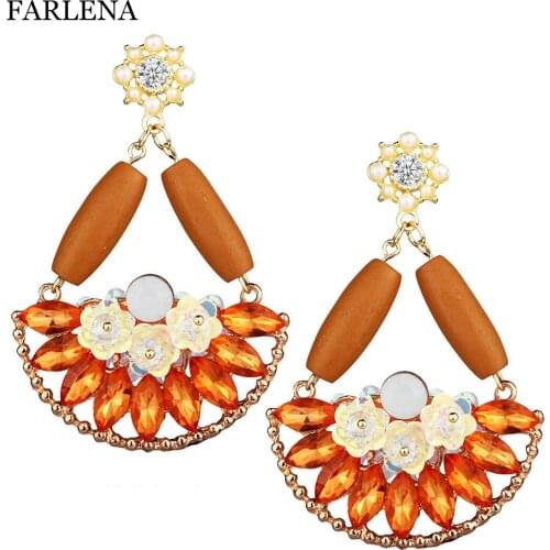 FARLENA Jewelry Handmade Crystal Scalloped Dangle Earrings for Women Vintage Wood Drop Earrings