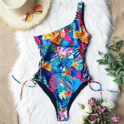 One shoulder swimwear women one piece Print bikinis Sexy swimsuit bathers bathing suit biquini