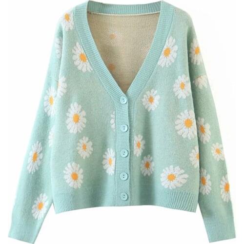 Womens Button Down Cardigan Sweet Long Sleeve V Neck Floral Print Knit Sweater