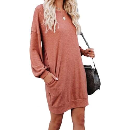 Casual Dress Solid Color Pockets Women Round Neck Long Sleeve Dress Streetwear Loose Simple Dress robe femme vetement femme 2021