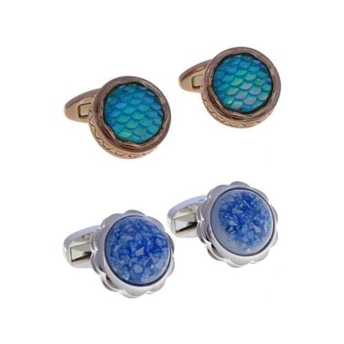 10pairs/lot Copper Round Blue Stone/Fish Scale Cufflinks Retro Business Style Cuff Links Mens Jewelry Gift Wholesale