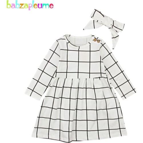 2-6Years 2Piece Spring Fall Clothes Children Dresses Long Sleeve Fashion Plaid Toddler Girls Dress+Headband Baby Clothing BC1020