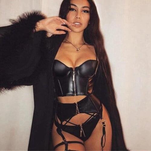 3Pcs Women Underwear Suit PU Leather Black Spaghetti Strap Tank Top + Waist Garter + Panty Lingerie Set for Girlfriend, Wife