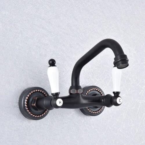 Oil Rubbed Bronze Dual Ceramic Handles Wall Mounted Hot&Cold Bathroom Kitchen Basin Sink swivel Faucet Mixer Tap Nsf751