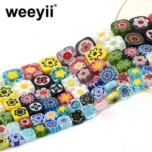 6/8/10mm Colorful Flat Square Flower Patterns Loose Spacer Beads for Bracelet Necklace Jewelry Making DIY Decor Ornament