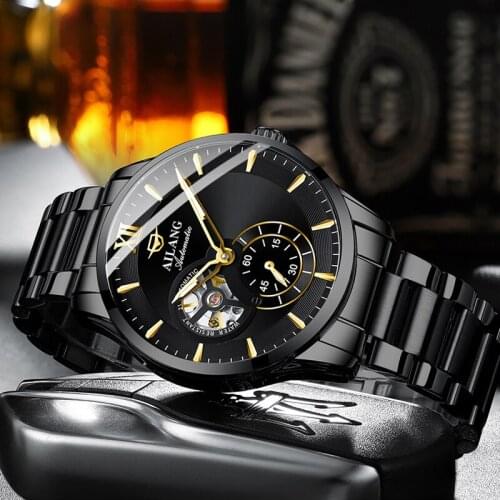 Ailang Automatic Mechanical Mens Watch Stainless Steel Atmospheric Black Dial Luminous Luxury Sports Waterproof Business Watch