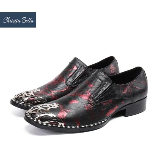 Christia Bella Fashion Print Real Leather Men Business Shoes Metal Charm Party Dress Shoes Male Formal Leather Shoes Slip On