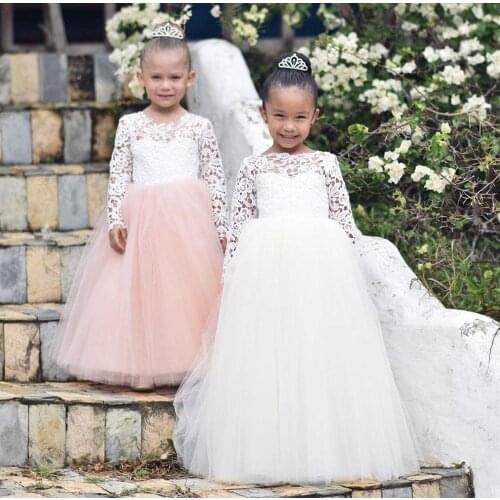 Flower Girl Dress Long Sleeve White Lace Bow Puffy Tulle Girls Pageant Gown Communion Dress Custom Made
