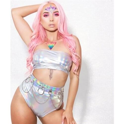 Holographic Two Piece Set Women Shiny Wet Look Strapless Crop Top Sexy Hot Panty Metallic Tube Top and Shorts Festival Clubwear