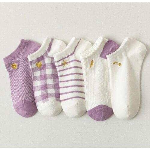 Purple Star Hearts Starfish Pattern Womens Fashion Stripes Grid Summer Short Ankle Socks 2021 Newest 10 Pairs