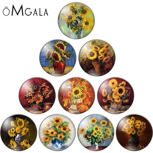 Art Sunflowers Vase Oil Paintings 10mm/12mm/18mm/20mm/25mm Round photo glass cabochon demo flat back Making findings