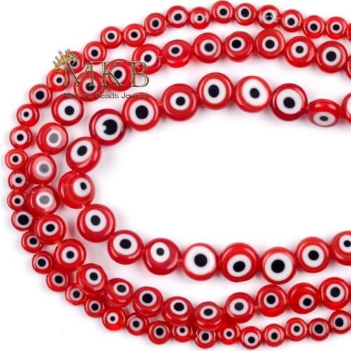 Red Evil Eye Beads Round Flat Lampwork Glazed Glass Beads For Jewelry Making Diy Beadwork Bracelet Necklace 15inches 6 8 10mm