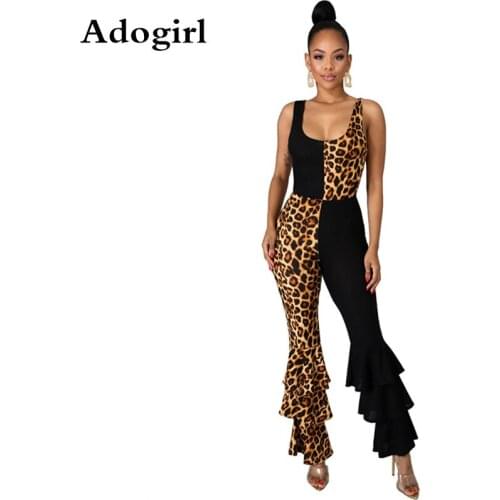 Leopard Print Patchwork Black Jumpsuit Ruffles Flare Pants Spaghetti Strap Romper Night Club Wear Backless One Piece Overalls