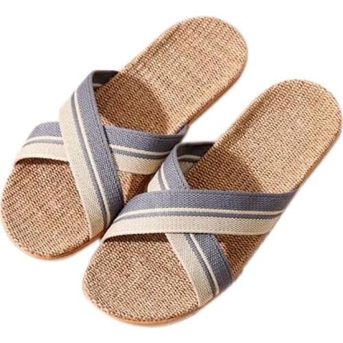 Mens Summer Cross Linen Slippers Outdoor Beach Flip Flops Indoor Non-slip Striped House Flax Slippers Men Slides Boys Sandals