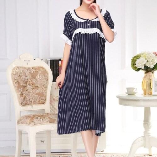 Womens Nightdress Summer Cotton Floral Stripe Korean Long Loose Nightdress пижама Home Wear Lace Cute Princess Dress Nightwear