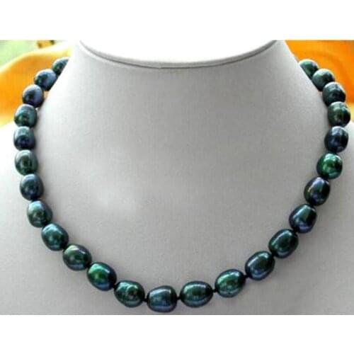 New 9-10mm New Tahitian Black Rice Natural Pearl Necklace 17Inch AAA