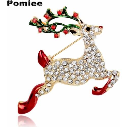 Pomlee Cute Rhinestone Deer Brooches for Women Christmas Gift Pins Colorful Jewelry Party Dress Coat Accessories