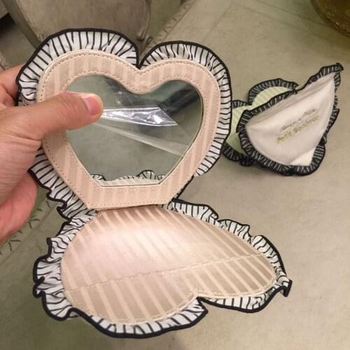 Portable Mirror With Sweet Stripe Lace Embroidery Lovely English Heart-shaped Folding Makeup Mirrors зеркало косметическое