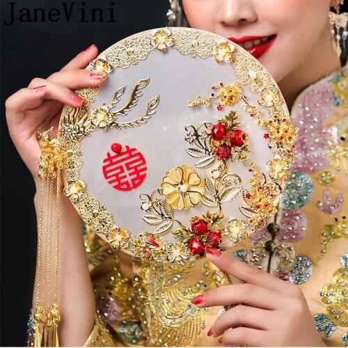 JaneVini Luxury Pearls Gold Phoenix Bridal Fans Flower Wedding Bouquet Traditional Chinese Style Round Fan Hanfu Bride Buket