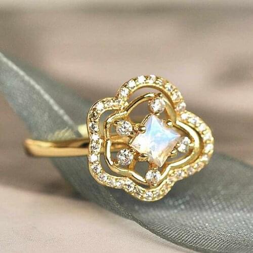 Ruifan Luxury Flower Shape Natural Moonstone Gemstone Ring 18K Gold Zircon Silver 925 Rings for Women Jewelry Accessories YRI092
