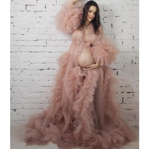 Blush Pink Shawl Dresses Ruffles Tulle Long Sleeves Womens Maternity Sexy Kimono Pregnant Party Sleepwear Bathrobe Sheer Robes