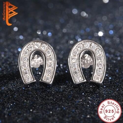 BELAWANG 925 Sterling Silver U Shape Studs Earrings With Clear Crystal Horseshoe Earring Wedding gift Fine Jewelry
