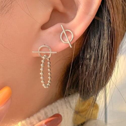 Stud Earrings Round Bead Chain For Women Geometric Asymmetric Fashion Korean Retro New Trendy Female Party Jewelry Gift BOYULIGE